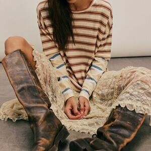 Free People Nina Stripe Long Sleeve T-Shirt Cream Beige Size S NWT